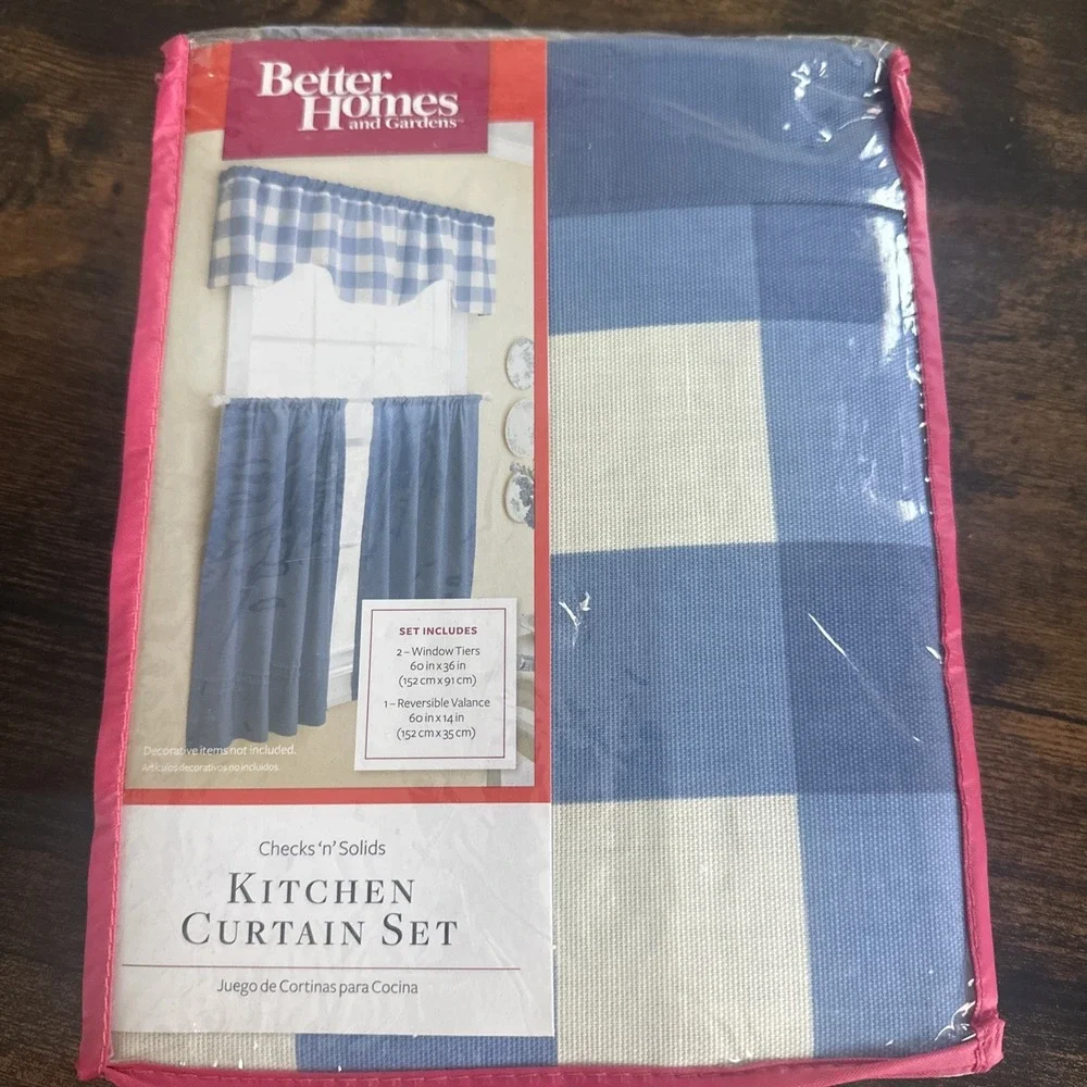 NOS 3 Pc. Better Homes & Gardens Kitchen Curtain Set Checks n Solids Blue Denim